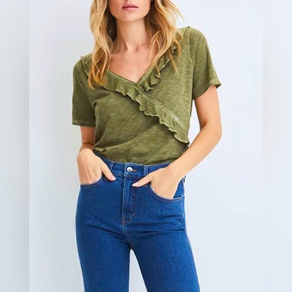 Veronica Beard Jeans Womens  Army Green Ruffle V-Neck Top Size M Cottage Luxury